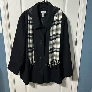 Black Pea Coat withh hood and removable scarf.